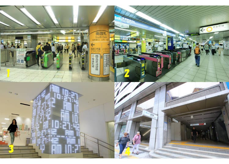 ↑1.JR駅の南改札、2.南通路にある有楽町線の改札、3.西武百貨店地下1階にある「光の時計」、4.西武口
