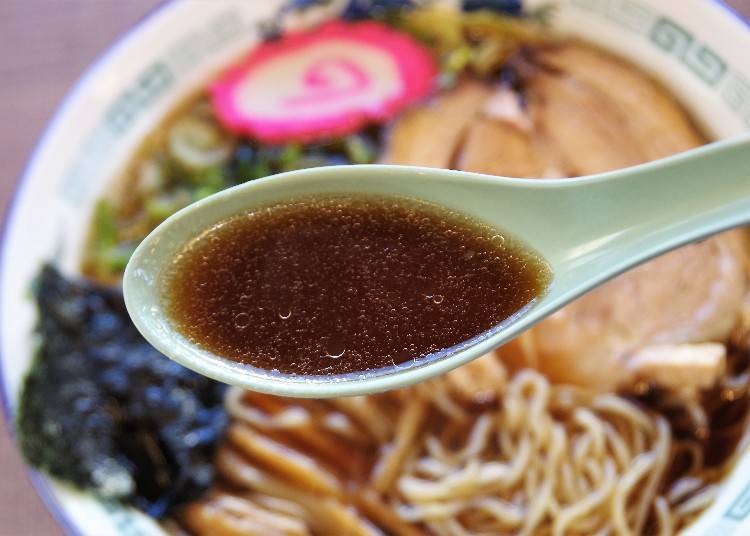 The flavorful dark brown soup. The color makes it look rich and strong, but it's surprisingly light.