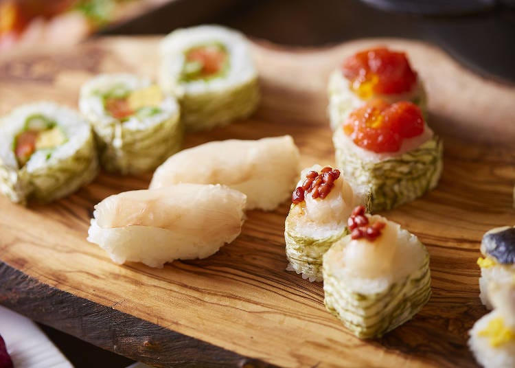 Beautifully crafted, creative sushi dishes are a feast for the eyes.