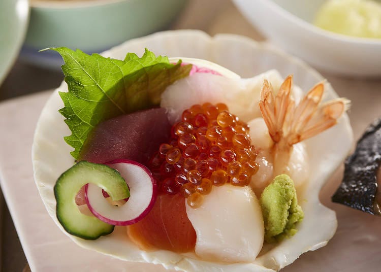 A dish from the "Assorted Sashimi" set meal, delicious on its own or served as a seafood bowl.