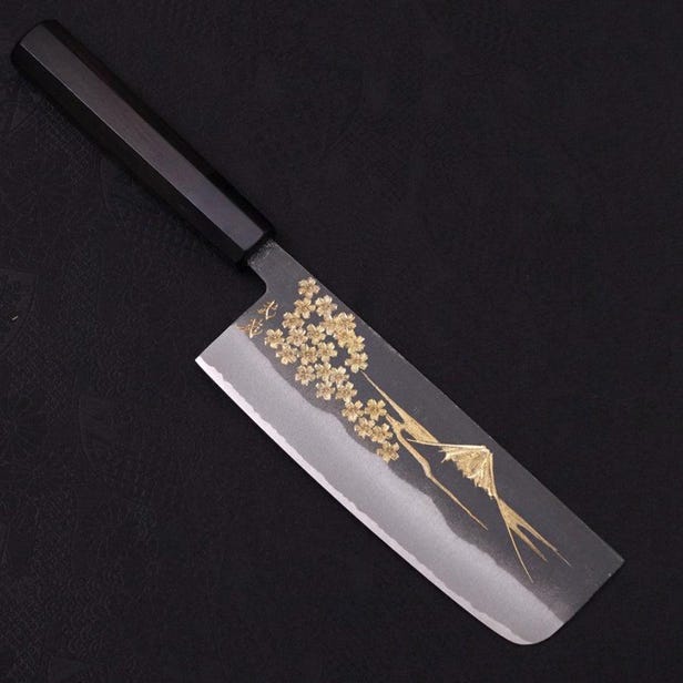 菜切刀 白紙二號鋼 黑打工藝 雕金櫻富士圖案 水牛黑檀刀柄 165mm